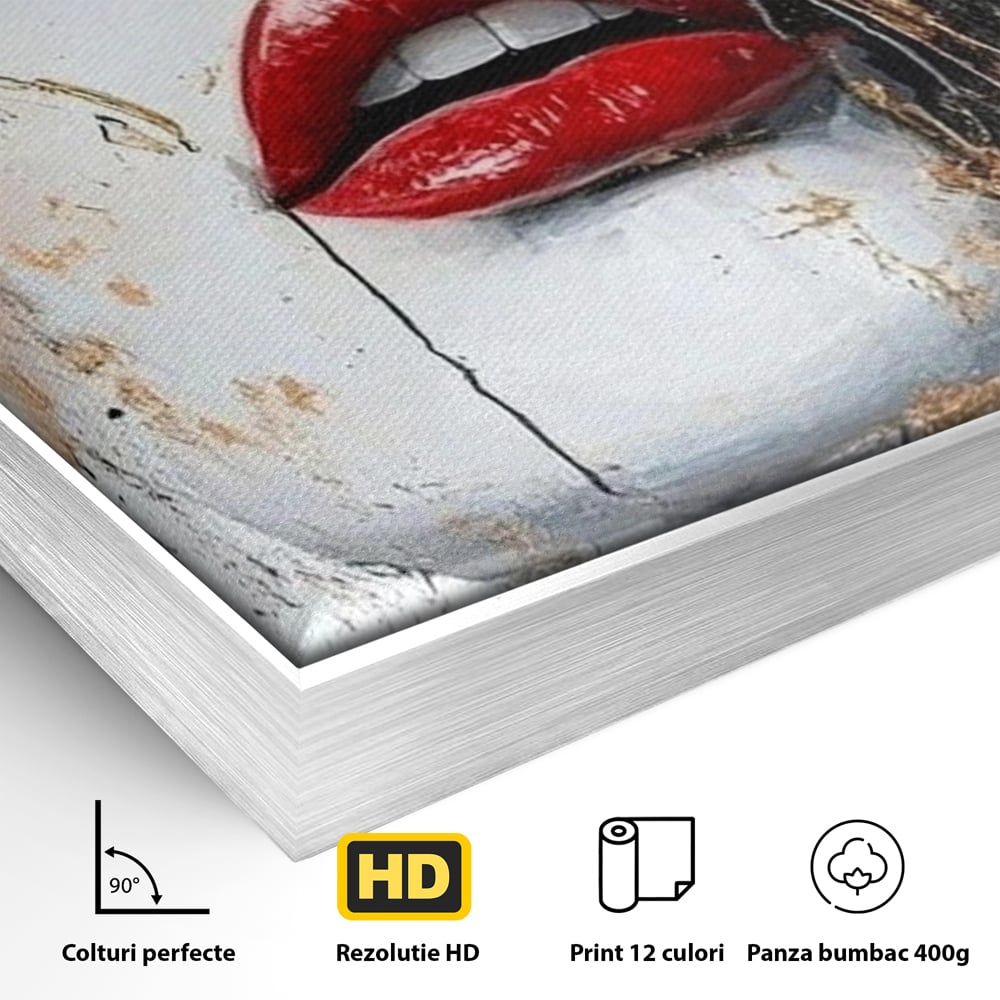 Detaliu al suprafetei: tablou canvas cu chip de femeie si buze rosii, in rama de aluminiu argintiu